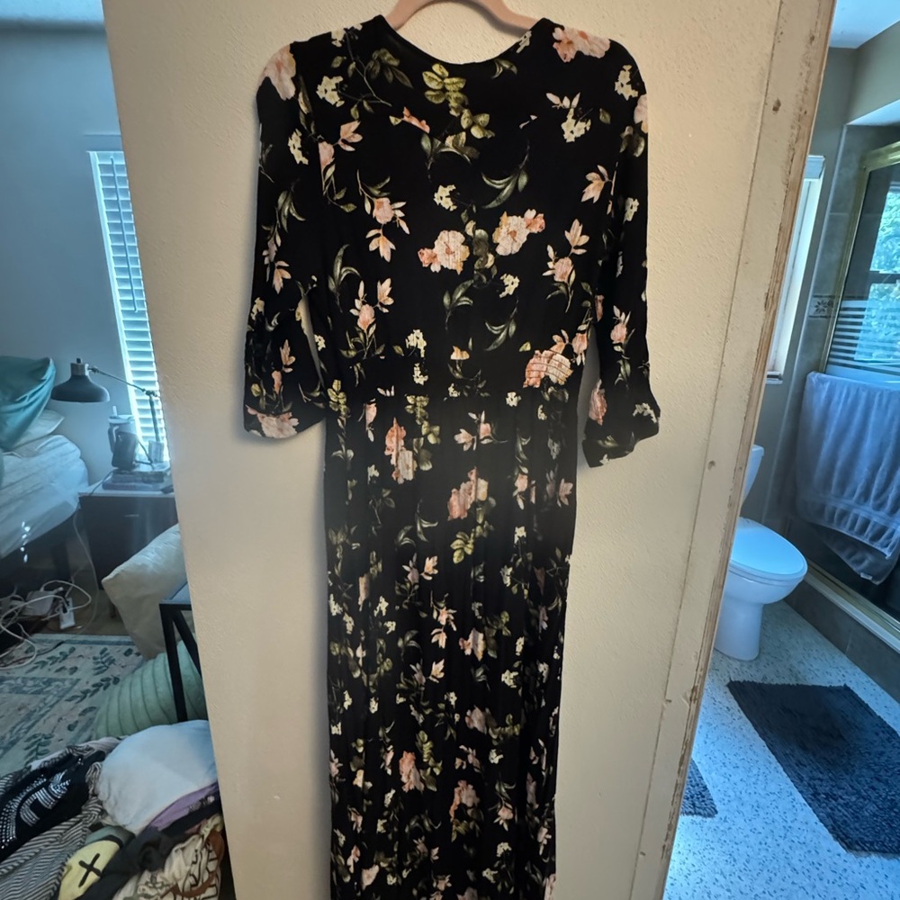 Floral Black Maxi Dress with Pink Accent Flowers